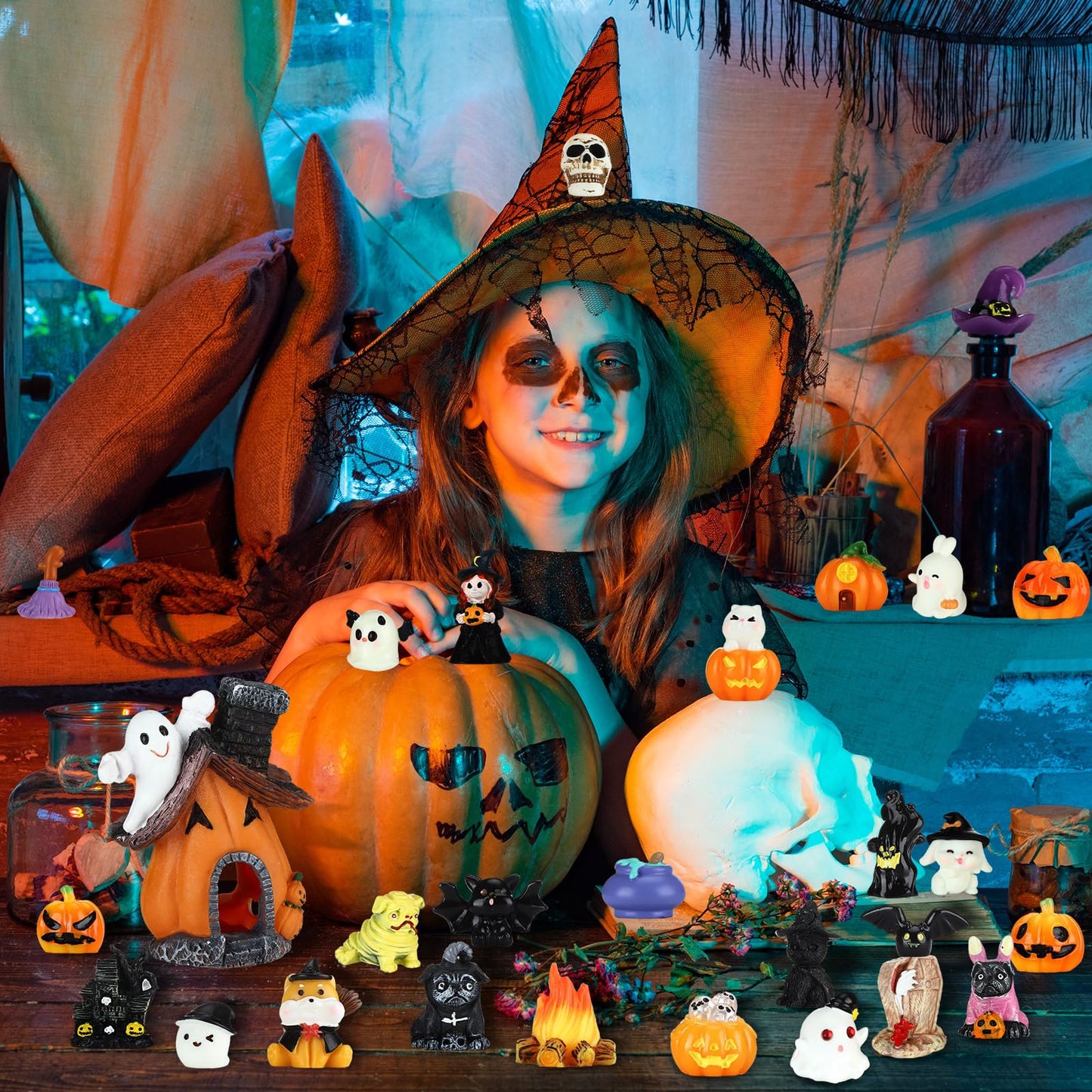 Poen 36 Pcs Halloween Miniature Figurines Resin Pumpkin Ghost Halloween Garden Accessories Miniature Decoration Ornament Kit for Outdoor Kitchen House Village Home