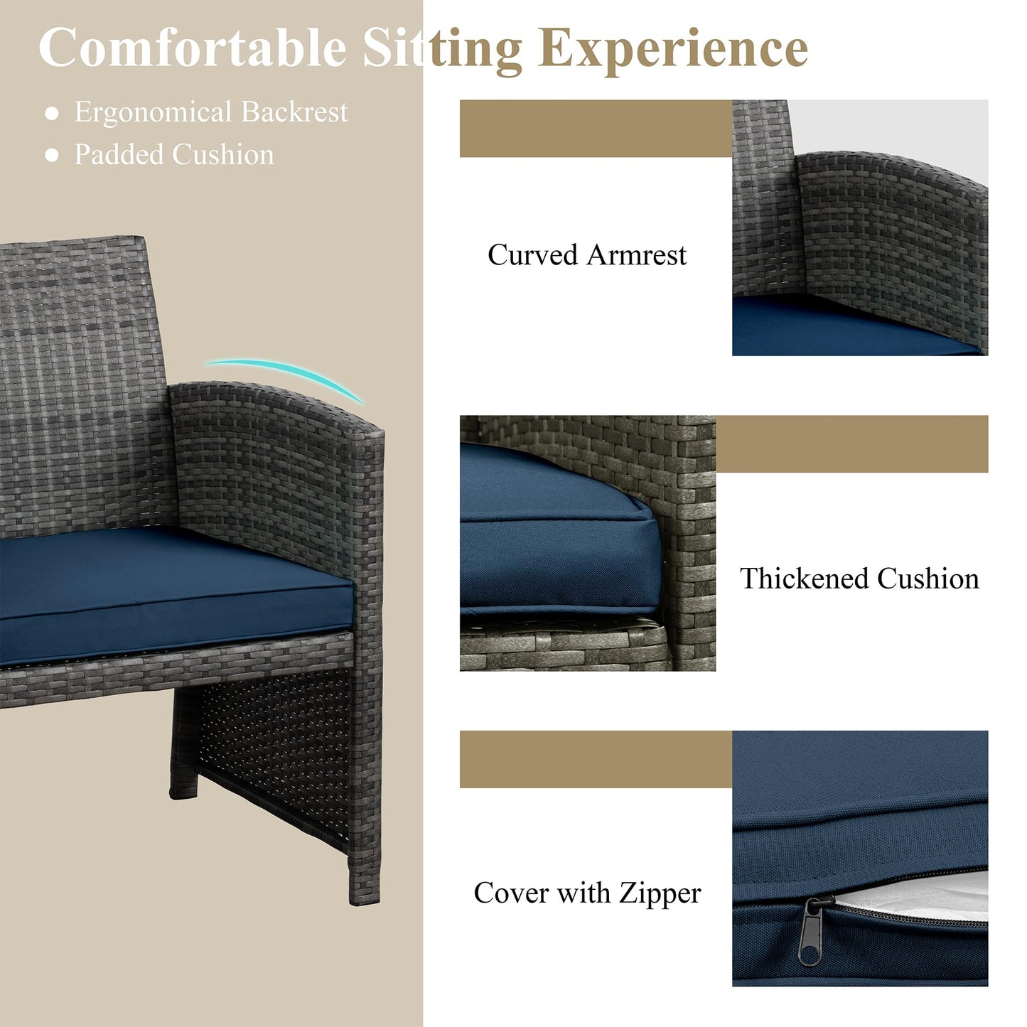 JAMFLY 4 Piece Outdoor Patio Furniture Set, Outdoor Wicker Rattan Chairs Conversation Sets with Cushions & Coffee Table for Outside, Garden, Balcony, Porch, Dark Blue