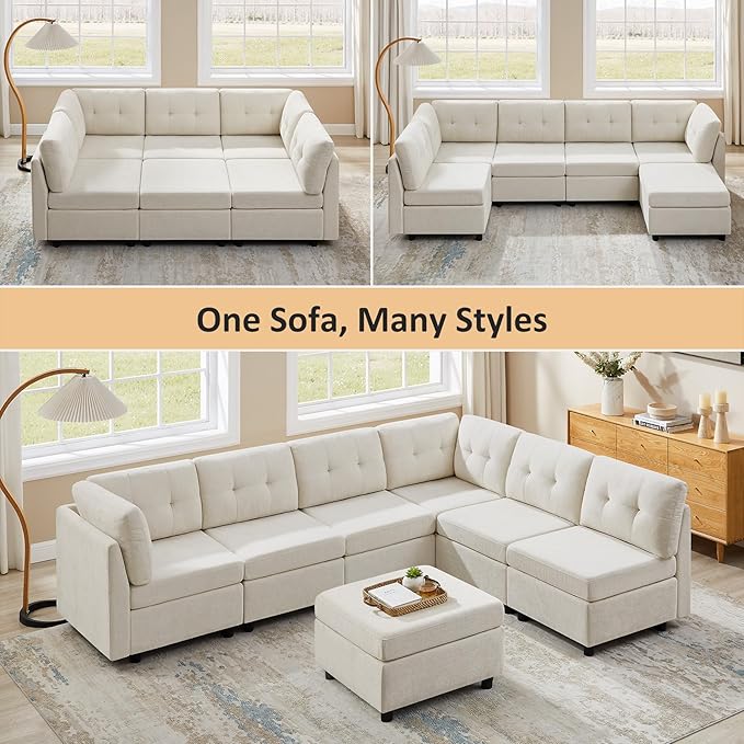VANOMi 5 Seater Modular Sectional Sofa, Convertible Modular Cloud Sofa Bed with Ottoman, Comfy Chenille Sofas & Couches for Living Room, Apartment, Office, White, Sofa Bed