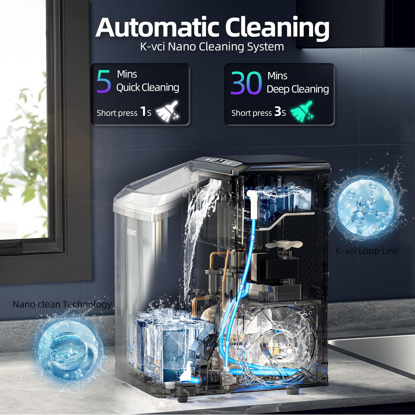 KOVIET Nugget Ice Makers Countertop, Soft Pebble Ice Machine, Chewable Crushed Pellet Ice 42lbs/Day, Self-Cleaning Drainpipe Ice Maker for Party, Home, Kitchen, Bar, Office, Silver Gray
