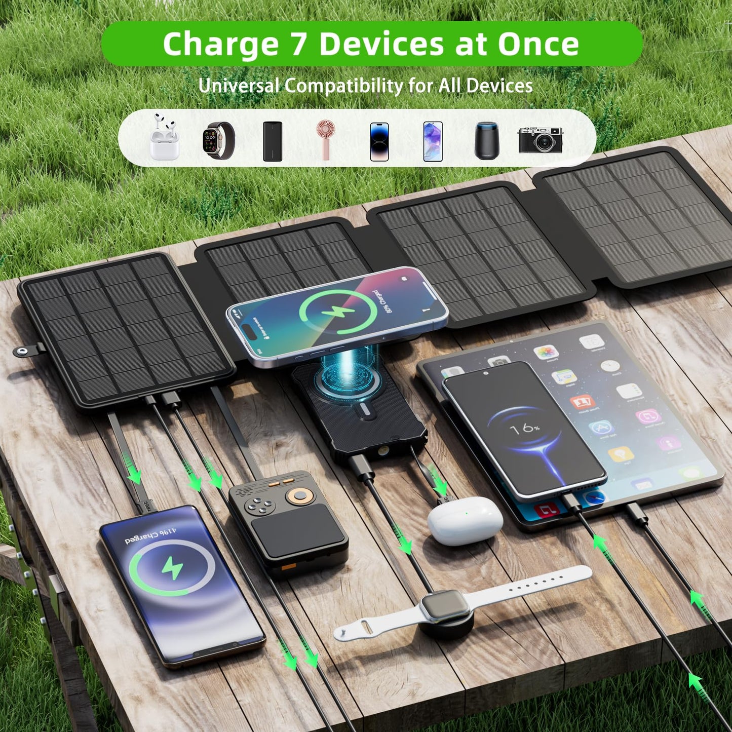 Solupup 10000Mah Solar Power Bank, Detachable Solar Panel, 14W Foldable, Magnetic Charging, 5 Port Fast Charging, Ipx5 Waterproo