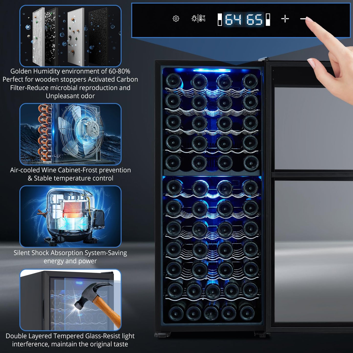 Acekool 80 Bottle Wine Cooler Refrigerator, Dual Zone Wine Fridge Freestanding with Stainless Steel and Professional Compressor, Fast Cooling Low Noise, for Red White Wine, Champagne, Beer