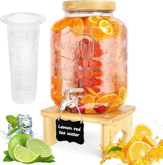 2 Gallon Drink Dispenser with Stand，Glass Beverage Dispenser With Wood Stand, 18/8 Stainless Steel Spigot and Labels Large...