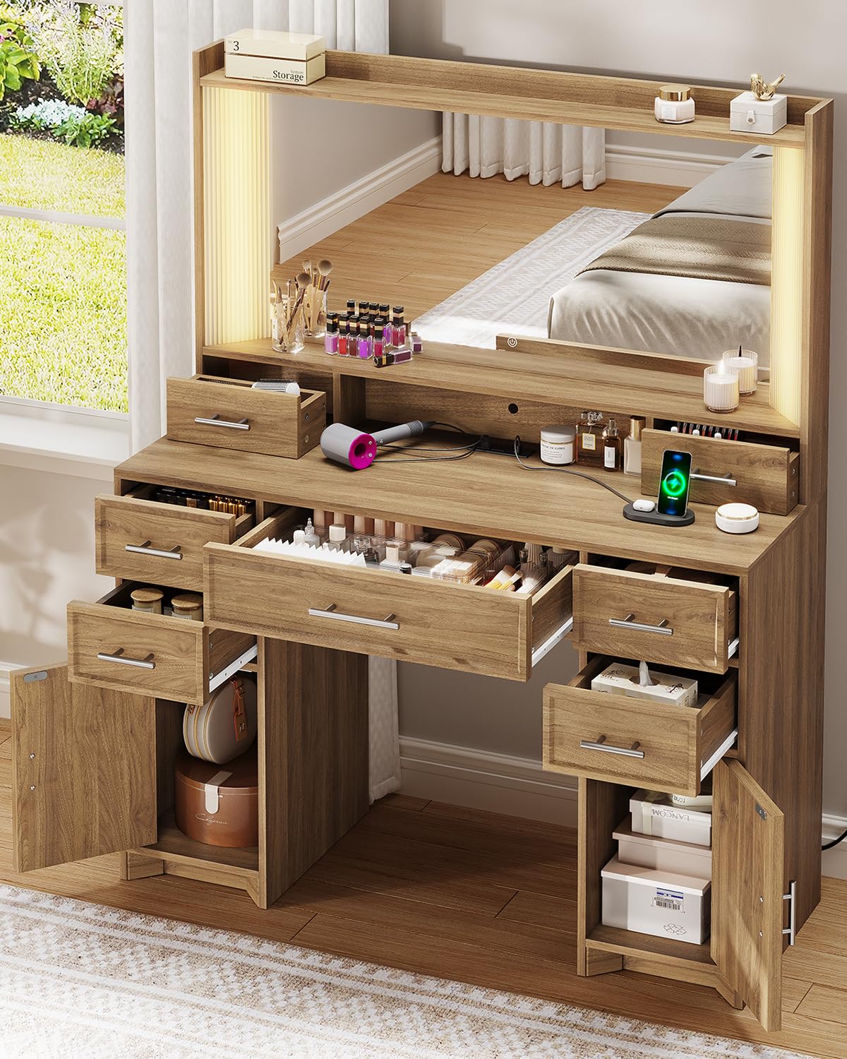 AOGLLATI Vanity Desk with Mirror and Lights, Makeup Vanity Desk with Lights, Large Mirror with Charging Station and 3 Color Lightbox, White Vanity Table with 7 Drawers for Bedroom, Brown