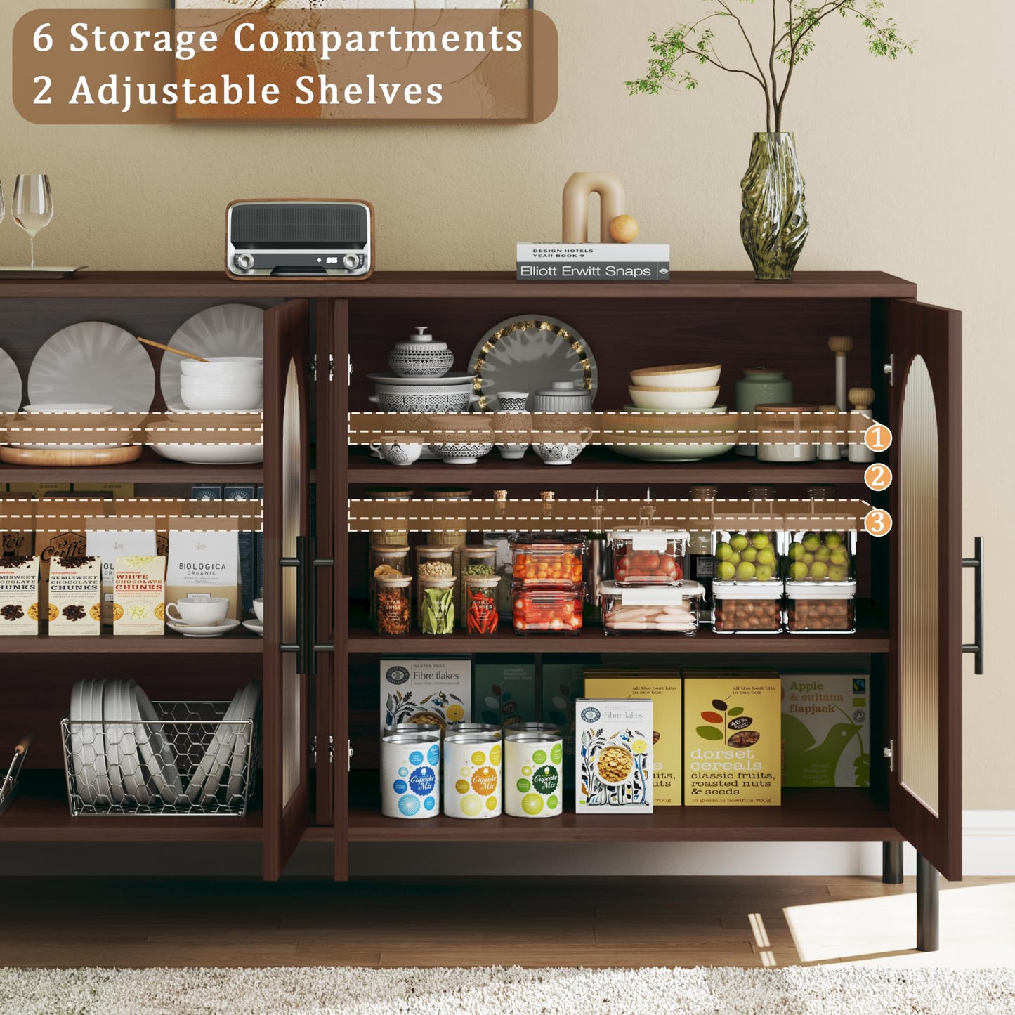 HUAHUU Sideboard Buffet Cabinet with Storage, 55" Modern Sideboard Cabinet with 4 Fluted Arcylic Doors & Adjustable Shelves, Wood Buffet Console Table for Living Room, Kitchen, Dark Walnut
