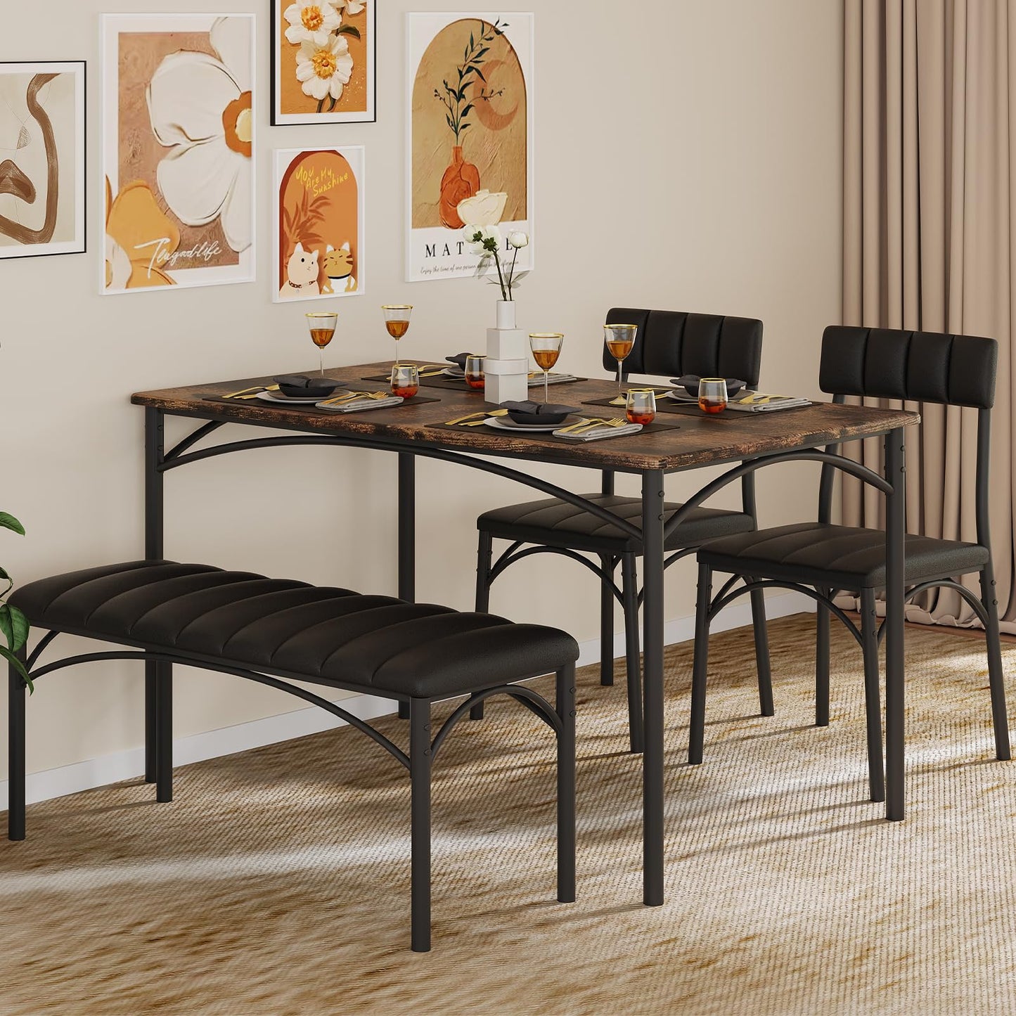 4 EVER WINNER Dining Table Set for 4, Kitchen Table with Upholstered Bench and 2 Chairs, Dining Room Set for Small Space, Apartment, Kitchen, Rustic Brown