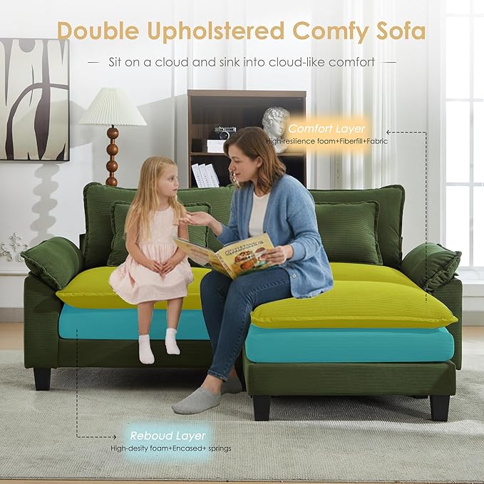 URRED Cloud Couch Modular Sectional Sofa, 87" Modern L Shaped Deep Seat Sofa with Ottoman & Pillows, Ultra Comfy Corduroy Couches for Living Room, Bedroom or Apartment, Green
