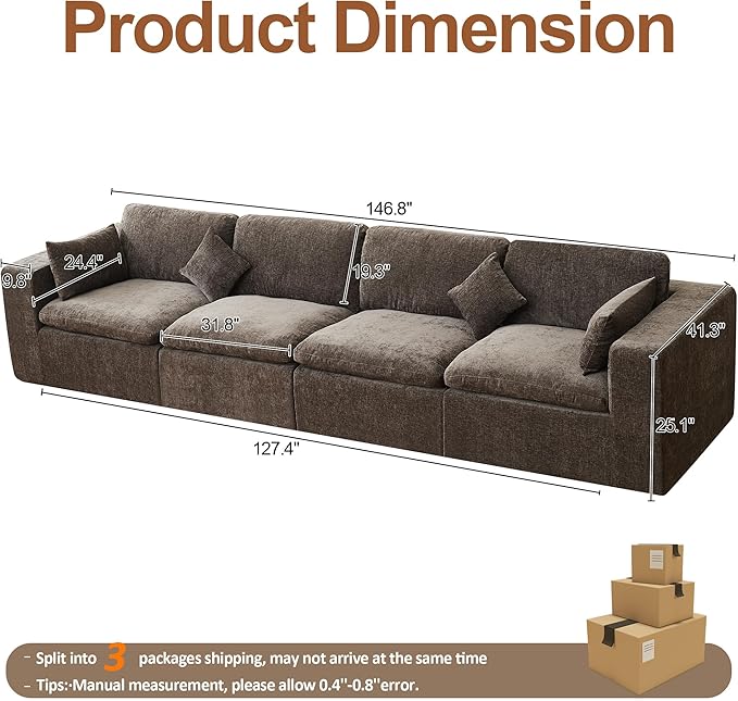 155''Cloud Boneless Sectional Couch, Modular Sectional Sofa Deep Seat, Oversized Upholstered Convertible Comfy 4 Seater Chenille Memory Foam Sofa Couches for Living Room, Brown