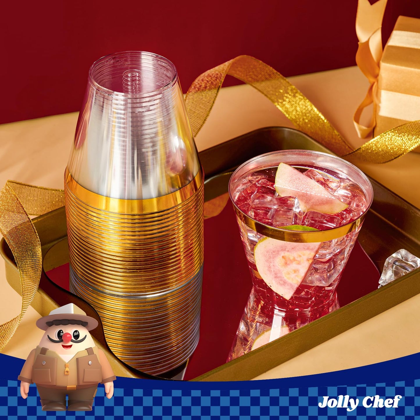JOLLY CHEF 100 Pack Gold Plastic Cups, 9 oz Clear Plastic Tumblers, Elegant Gold Rimmed Cups, Disposable Glasses Perfect for Wedding, Thanksgiving Day, Christmas Party
