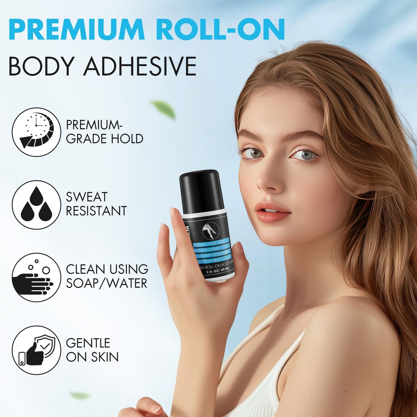 HappyAlley 1 Pcs Roll On Body Glue for Dancers with Metal Tip Roller Ball, 2oz Sweat-Resistant Body Adhesive, Clear & Non Toxic