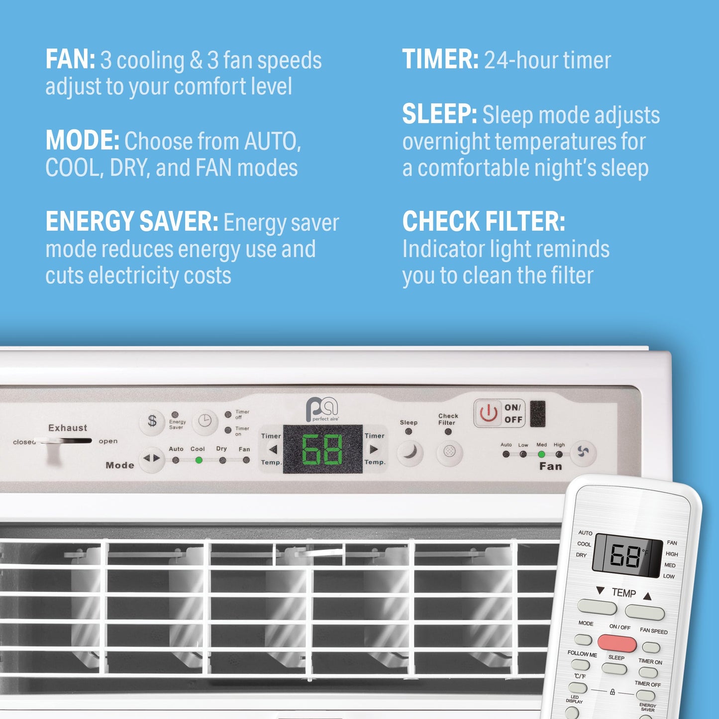 Perfect Aire 10,000 Btu Casement Window Air Conditioner- Cools 450 Sq. Ft. - Remote With Follow Me, Digital Led Display, Timer,