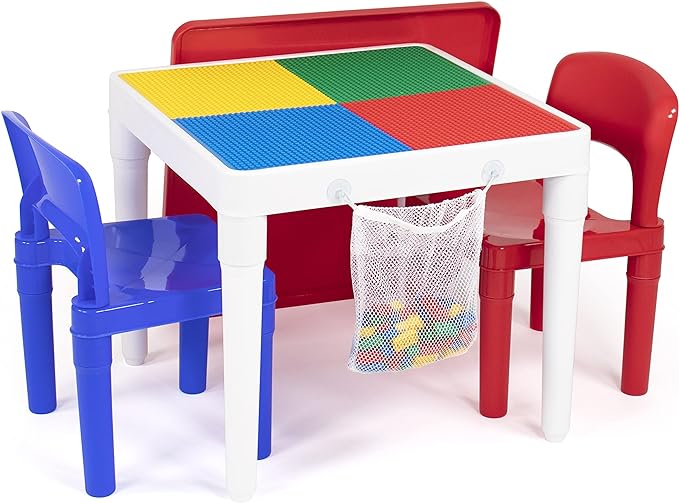 Humble Crew Kids Activity Table and 2 Chairs Set, White/Blue/Red - 2-in-1 Toddler Play Table Building Blocks Compatible - ...