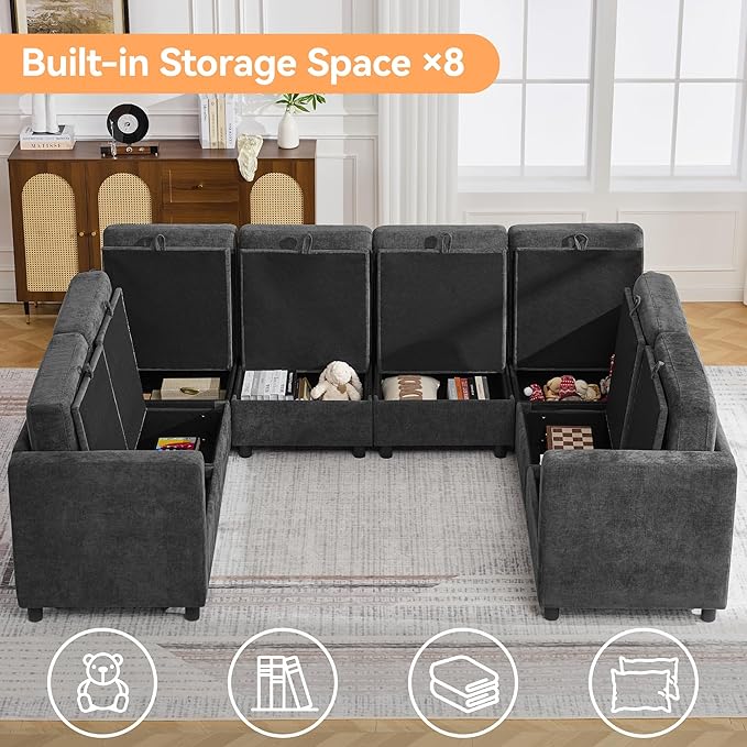 104'' U Shaped Modular Sofa, Sectional Couches with Storage for Living Room, Oversized 8 Seater Cloud Sectional Couch, Chenille Dark Grey