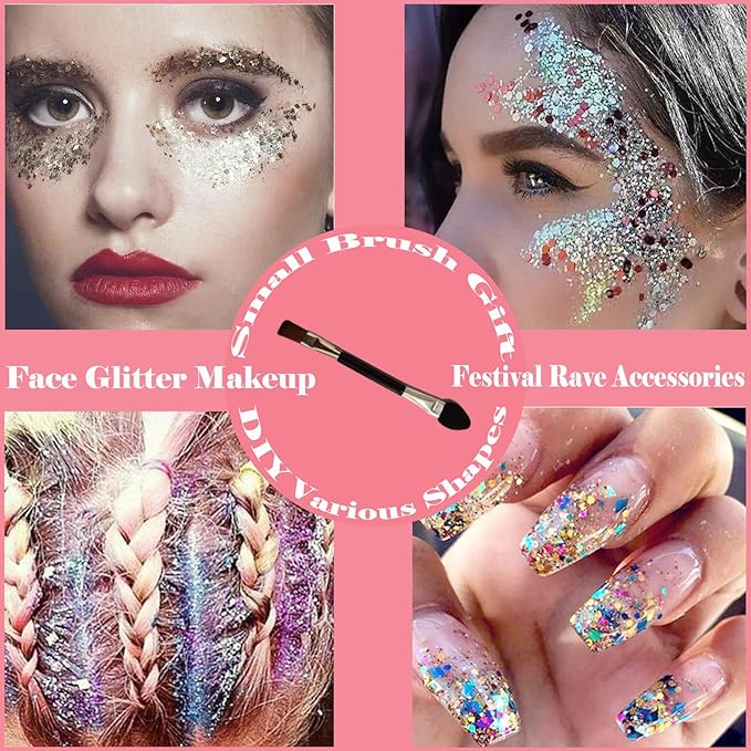 Body Glitter Face Glitter Gel: Singer Concerts Disco Festival Rave Accessories Face Glitter Makeup Chunky Sequins Mermaid Face Body Hair Glitter Gel (White&Silver&Pink&Gold&Blue&Purple&Rose)