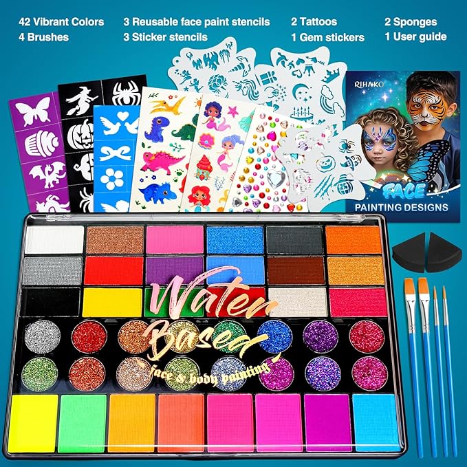 Halloween Party Face Painting Kit for Kids - 42 Colors Professional Face Paint Kit,Non-Toxic face Paint With Stencils, Brush, Gems. For Carnival, Halloween, Costume Makeup and Any Creative Activity