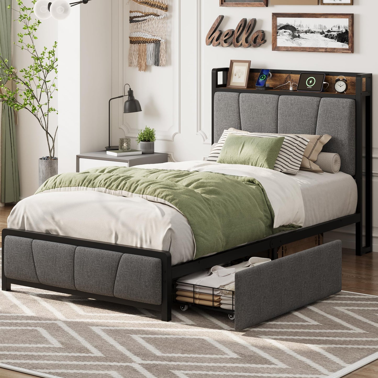 GAOMON Twin Size Bed Frame with 2 Storage Drawers and Charging Station, Rustic Linen Upholstered Platform Bedframe with Storage Headboard, Heavy Duty, No Box Spring Needed, Easy Assembly, Noise Free
