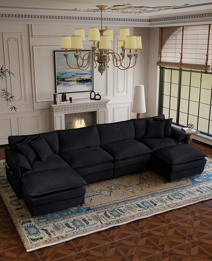 RENDGO 143" Modular Sectional Sofa, Chenille Cloud Couch for Living Rooms & Apartment, Deep Seat Comfort, Flexible U-Shape Combination Sofa for Family Guest Rooms,2 Ottoman,Black