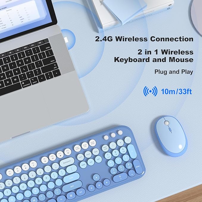 Wireless Keyboard Mouse Combo, Typewriter Full Size Keyboard with Number Pad and 2 in 1 USB Connected Mouse for Windows 7/8/10, Laptop, Desktop, PC, Computer (Blue Colorful)