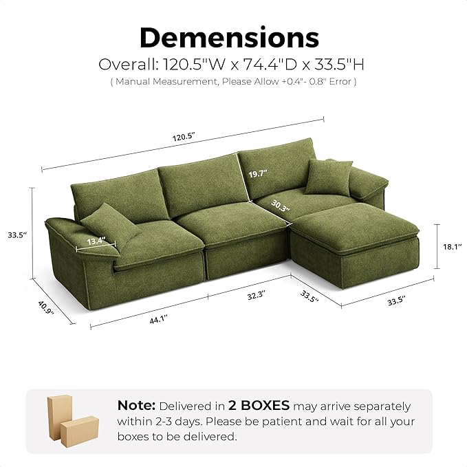 LIKIMIO 120" L-Shaped Modular Sectional Sofa, Cloud Sectional Couch with Deep Seat, Comfy Teddy Upholstery, Oversized 3-Seater with Ottoman, Boneless Couch for Living Room, No Assembly, Green