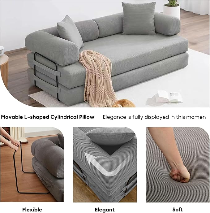 ZEIINPA Convertible Sleeper Sofa Bed with Cylindrical Pillow, Corduroy Folding Mattress Couch with Fixed-Shape Frame, Floor Sofa Lounge Couch for Living Room Bedroom Lounge Studio-Grey