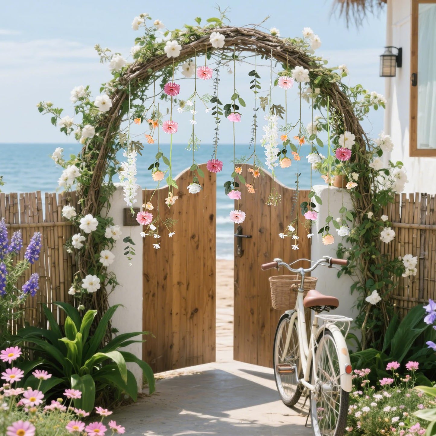 38 Pcs DIY Artificial Wildflower Garland Hanging Flowers Set Chrysanthemum Rose Eucalyptus Daisy Larkspur Flower Garlands Hanging Spring Wildflower Garlands for Baby's Breath Wedding