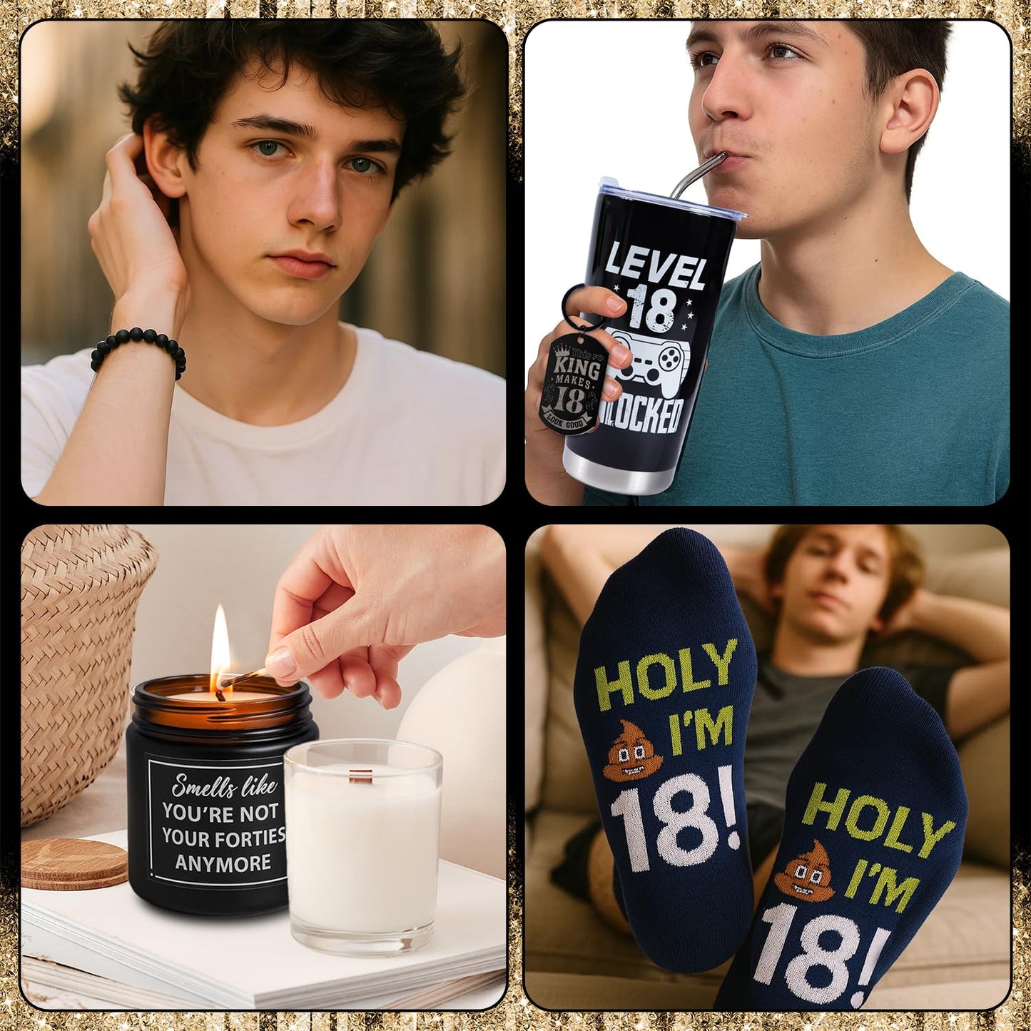 Keluna 18th Birthday Gifts for Boys - 6Pcs 18 Year Old Boy Birthday Gifts Ideas, 20oz Tumbler, Funny Socks, Keychain, Bracelets, Candles, 18th Presents for Son Grandson Nephew Brother from Mom Dad