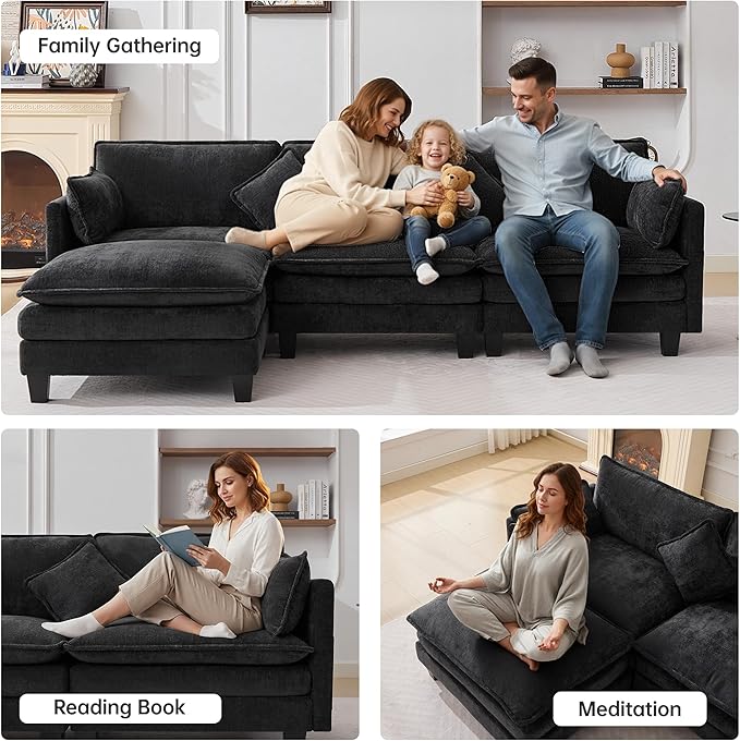 Opiesit 108" Modular Sectional Couches for Living Room with Ottoman, L Shaped Cloud Couch with Charger, USB & Type-c Port, Comfy Sofas with Deep Seat, Chenille Fabric, Black