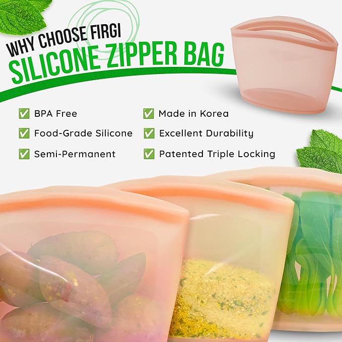 Premium Platinum Silicone Reusable Food Storage Bag 3.6 Cup (29 fl oz), Airtight Zip Lock Bags for Food, BPA-Free Silicone Freezer Bags, Microwave Safe Sous Vide Container, Taupe Brown
