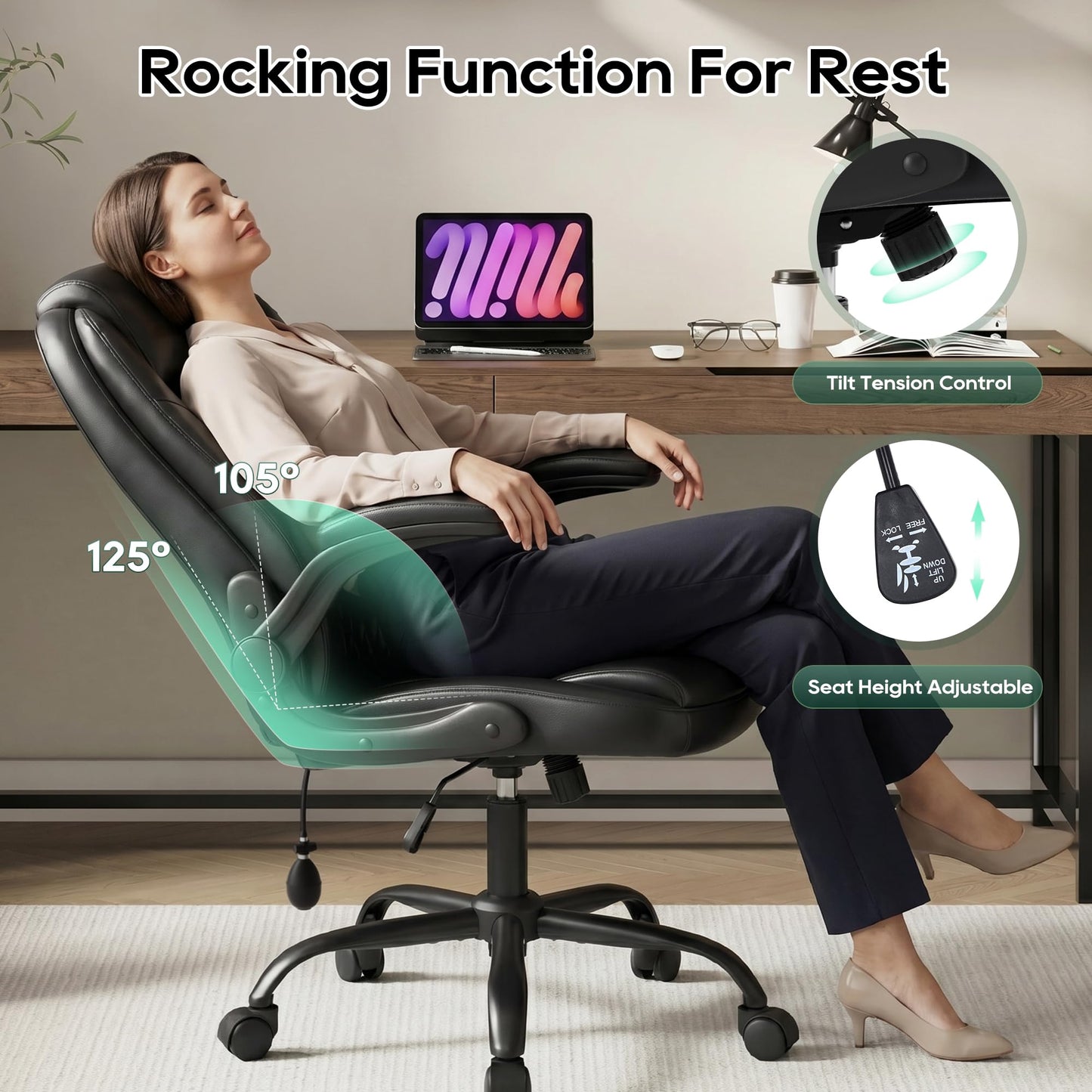 MALOL Leather Office Chair, Computer Desk Chair with Adjustable Lumbar Support, Thick Cushion, Flip-Up Arms and Ergonomic Back, Comfy Executive Office Chair for Home Office Gaming,Black