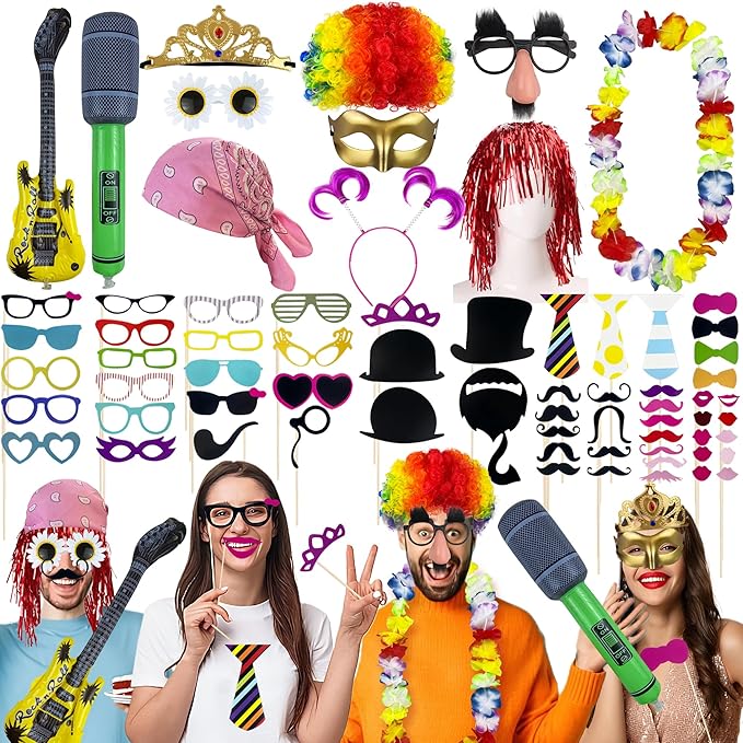 69PCS Colorful Photo Booth Props Set Novelty Funny Hats Wigs Glasses Props Sign Perfect for Graduation Birthday Bacheloret...
