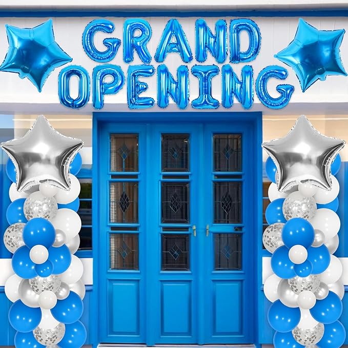 JOYMEMO Grand Opening Decorations Blue - Balloon Arch Garland Kit with Grand Opening Banner, Star Balloons for New Busines...