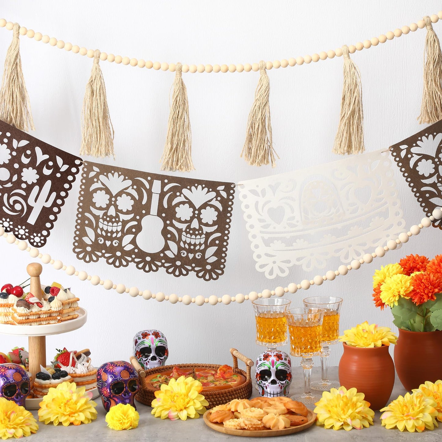 RoundFunny 3 Pack 23 ft Day of the Dead Garland Neutral Wood Bead Felt Dia De Los Muertos Decorations for Altar Day of the Dead Banners for Home Mantel Door Window Indoor Mexican Fiesta Party Supplies