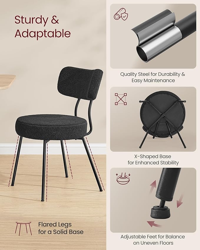 VASAGLE Boucle Dining Chairs Set of 4, Upholstered Kitchen Dining Room Chairs with Curved Backrest and Steel Frame, Modern Mid Century, Round, for Vanity, Living Room, Ink Black UKDC110B14