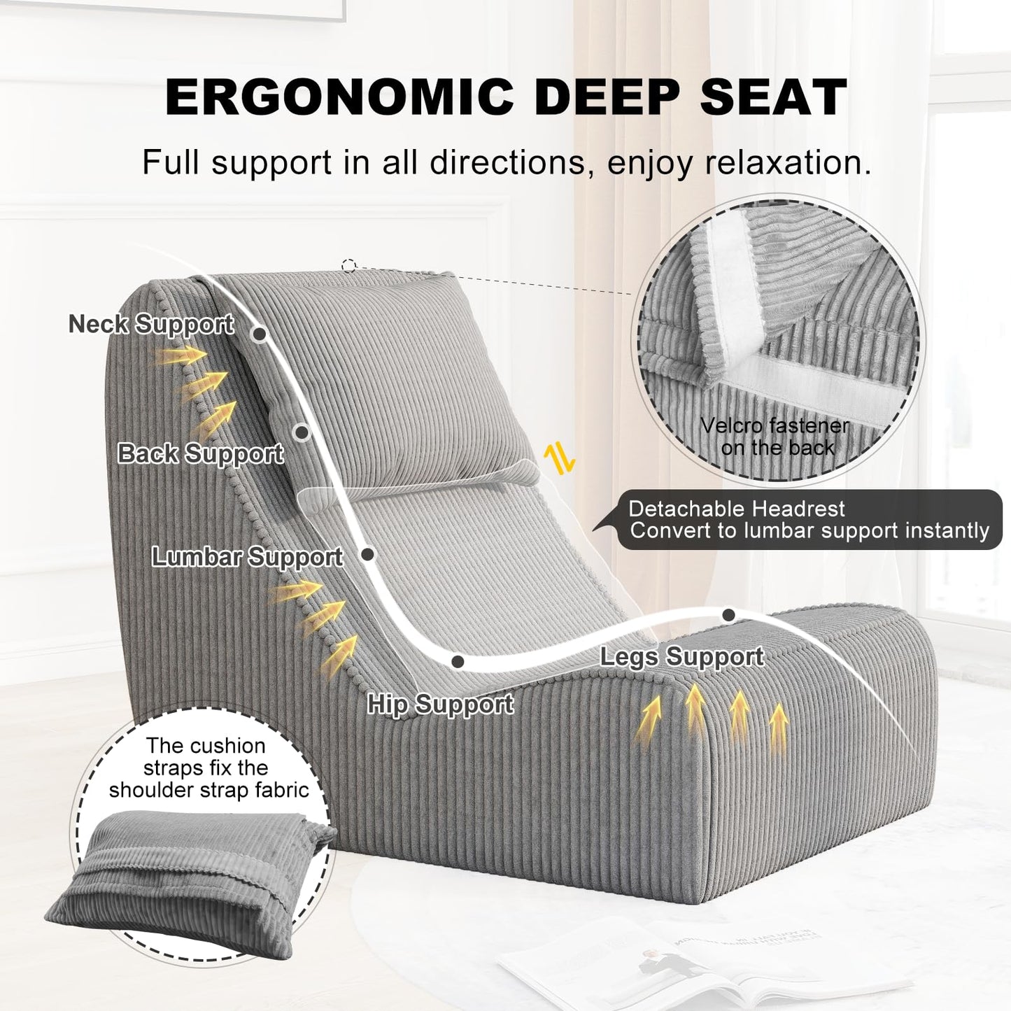 Giant Bean Bag Chair for Adults,Corduroy Chaise Lounge with Unrivaled Back Support, Detachable Neck Pillow, Comfortable Ottoman & Washable Cover for Living Room, Bedroom, Garden (Grey)