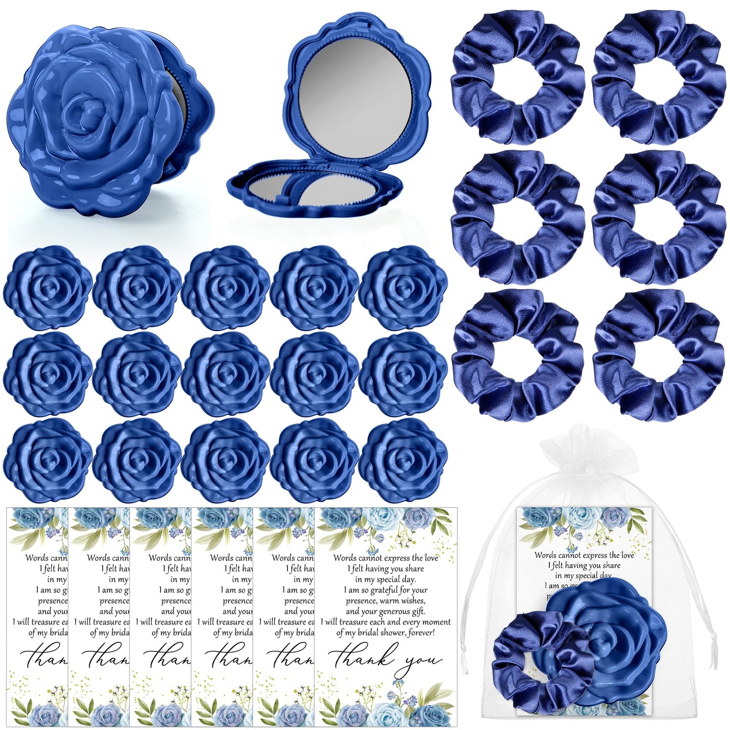 XunYee 30 Sets Bridal Shower Favors for Guests 30 Rose Compact Mirror Bulk 30 Hair Ties Satin Elastic Scrunchies 30 Thank You Ca