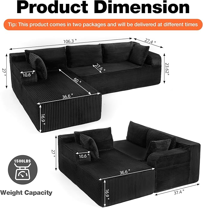 TonghuaS 106” Cloud Modular Sectional Sofa with L-Shape Chaise and Deep Seat, Corduroy Memory Foam Boneless Compressed Couch for Living Room, No Assembly Required(Left Facing Chaise, Black)