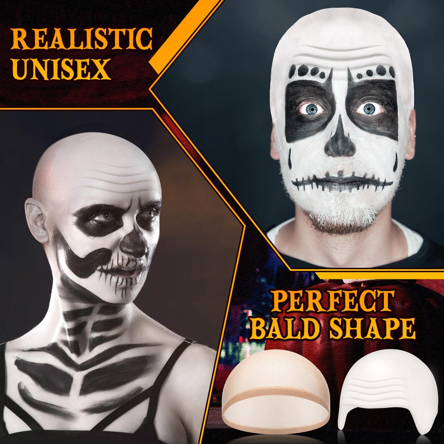 Syhood 2 Pieces Halloween Bald Cap Makeup Latex Bald Head Wig Caps Cosplay Costume for Adults(White,Large)