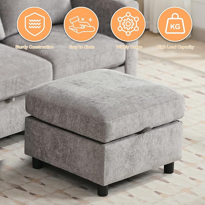 WUTUTUEE 25”Square Storage Ottoman Module for Modular Sectional Sofa, Living Room Coffee Table Sectional Ottoman Footrest for Convertible Couch, Chenille Light Grey