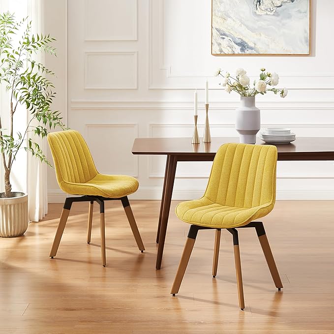Art Leon Swivel Dining Chairs Set of 2, Mid Century Modern Kitchen Dining Room Chairs, Upholstered Fabric Armless Side Chair with Wood Legs for Living Room Bedroom, Yellow