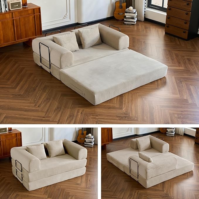 59" Folding Convertible Sofa Bed, 5-in-1 Small 2-Seater Sofa Corduroy Futon Floor Couch with Pull-Out Sleeper, Boneless Loveseat for Small Spaces, Home Office, Bedroom, Apartment-Friendly (Beige1)