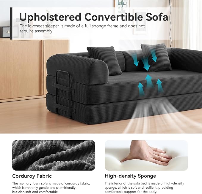 ZQRhome 79" 5-in-1 Convertible Sofa Bed, King Size Sleeper with Bonus Pillows & Heavy Duty Frame, No Assembly Corduroy Couch Bed for Movie Night & Guest Room, Black