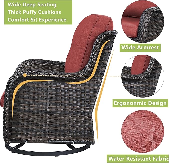 Rilyson Wicker Rocking Chair Swivel Chairs - 2 Piece Rocker Patio Chairs Set Rattan Rocking Chair for Outdoor Porch Deck Garden Backyard (Brown/Red)