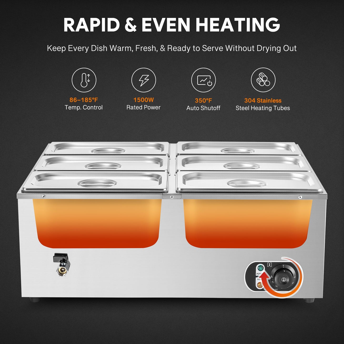 WILPREP Commercial Food Warmer with Six 1/3 Pans, 1500W Countertop Electric Warmer, 86-185°F Adjustable Temp Control & Over-Temp Protection, Stainless Steel Buffet Bain Marie