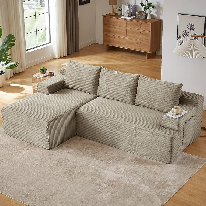 96" Cloud Sectional Couch with L-Shape Chaise, Modern Corduroy Boneless Couch for Living Room,Memory Foam Sofa with Deep Seat,No Assembly Required (Camel,Left-Facing Chaise)