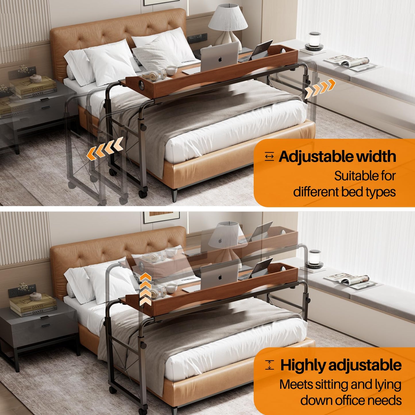 BYMECOST Laptop Desk for Bed, Adjustable Height & Length Laptop Bed Table,Overbed Table with Wheels for King & Queen Size Beds,Rolling Standing Desk,Over Bed Table for Working Reading Eating