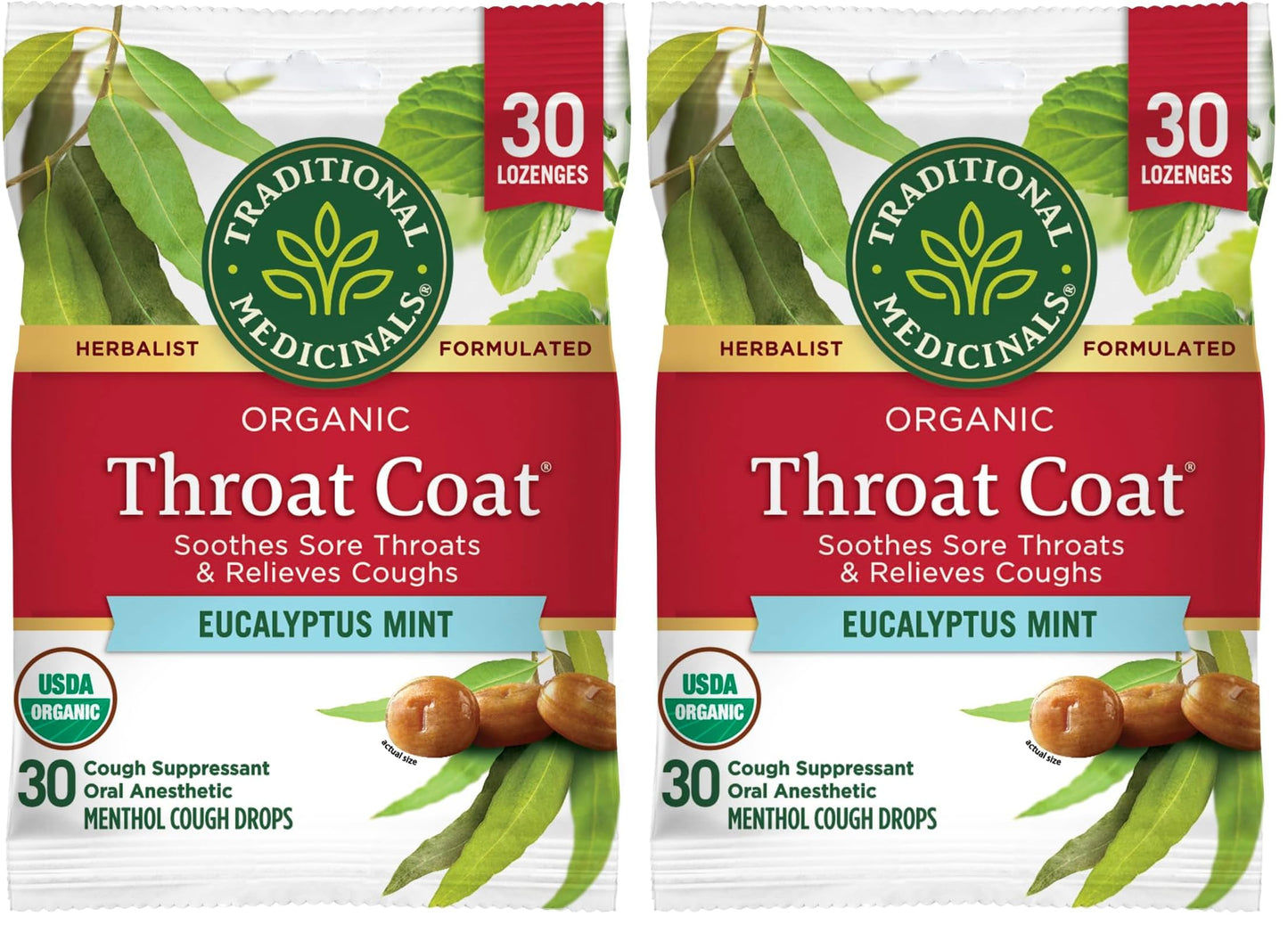 Traditional Medicinals Throat Coat Organic Cough Drops, Eucalyptus Mint with Menthol, Soothes Sore Throats & Relieves Coughs, 30ct. (Pack of 2)