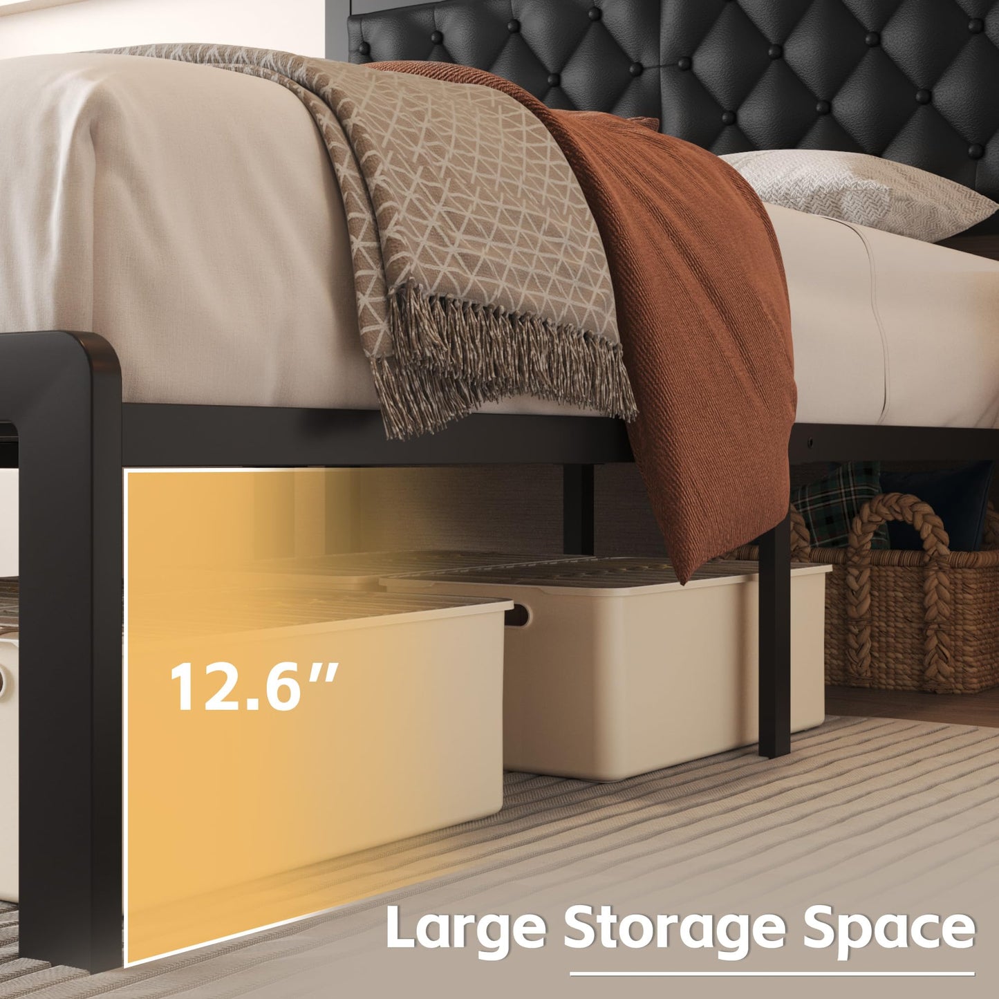 Fluest Queen Bed Frame with Headboard PU Leather Upholstered Bed Frame Platform,All Metal Slats Support Platform Bed Frame with Storage Space,Easy Assembly,Noise Free,No Box Spring Needed,Black