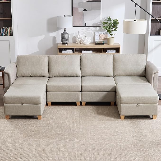 Modular Sectional Sofa,Modern U Shaped Sectional Couches for Living Room,6 Seat PU Leather Deep Seat Sectional Cloud Couch with Storage,Beige
