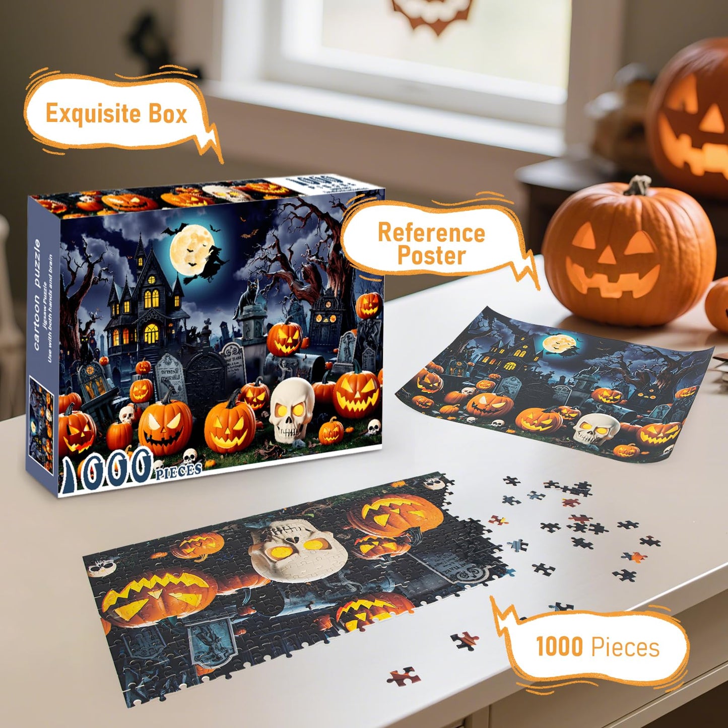 Halloween Puzzles 1000 Pieces-Creative Play & Haunted House Pumpkin,Witch,Skeleton,Ghost,Grave Theme Puzzles-for Holiday Party Gifts or Halloween Home Decorations
