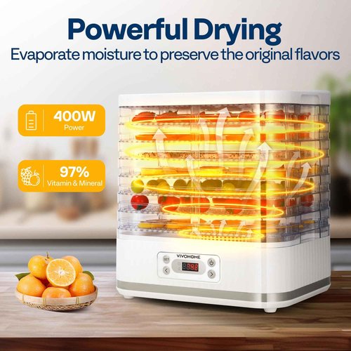 VIVOHOME Electric 8 Trays Food Dehydrator, 400W Hydrator Machine with 72H Digital Timer and Temperature Control for Fruit Vegetable Meat Jerky Herb Beef Mushroom, White
